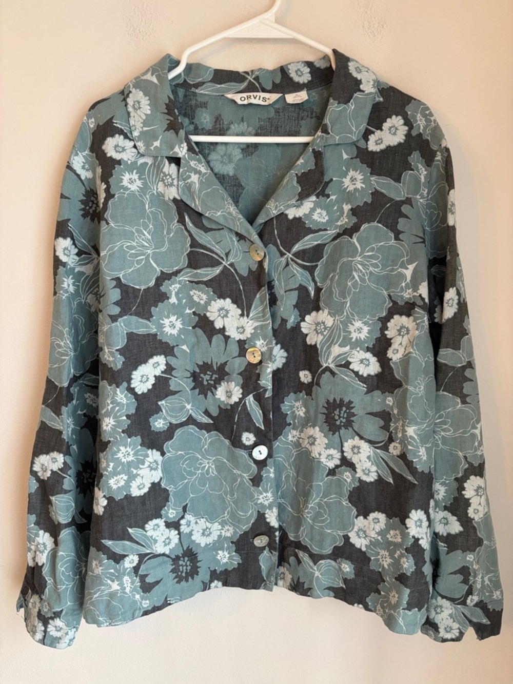 Orvis women’s 100% linen Teal charcoal gray Floral Button-Front Shirt jacket med